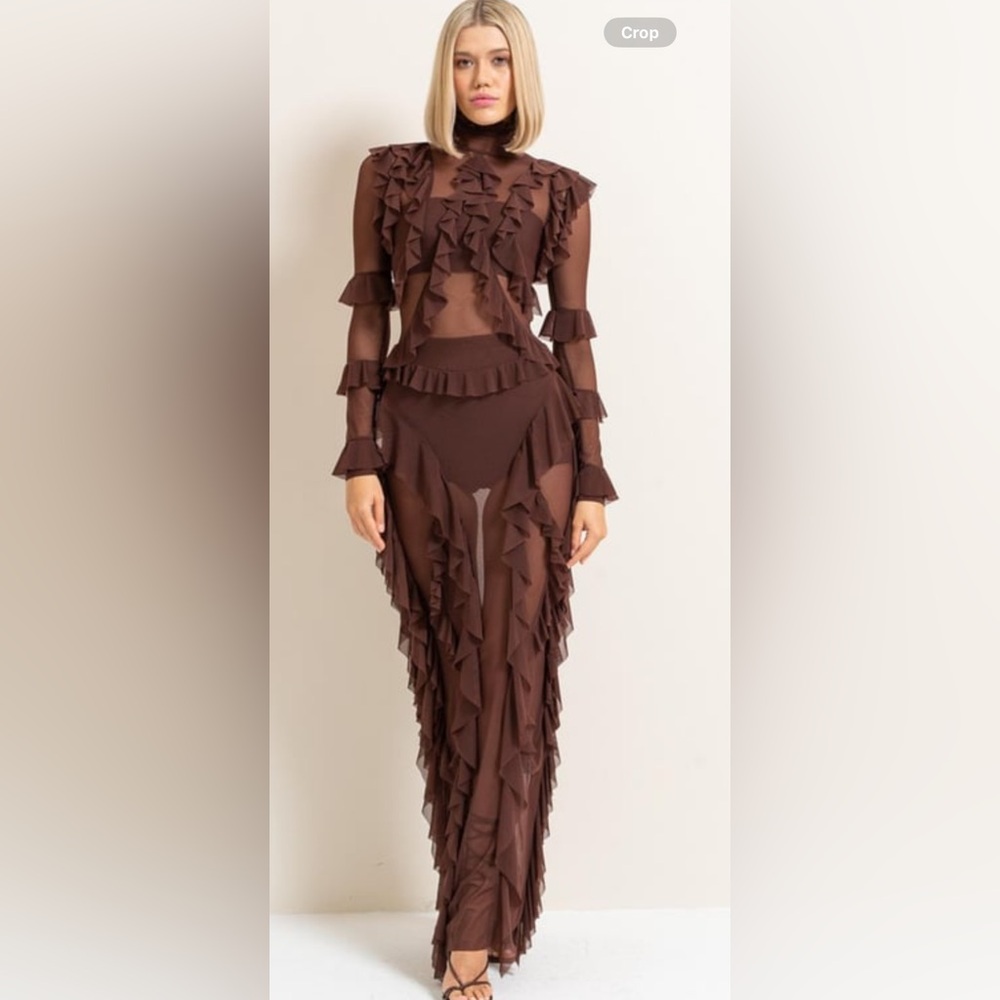 Women sheer ruffled maxi dress wholesale Dark Brown color size L